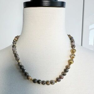 Vintage Leopard Skin Jasper Beaded Necklace Gold Tone Ribbon Beads Lobster Clasp